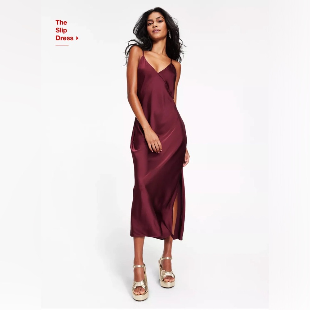 Silky V-Neck Slip Dress in Burgundy - Picture 2 of 5
